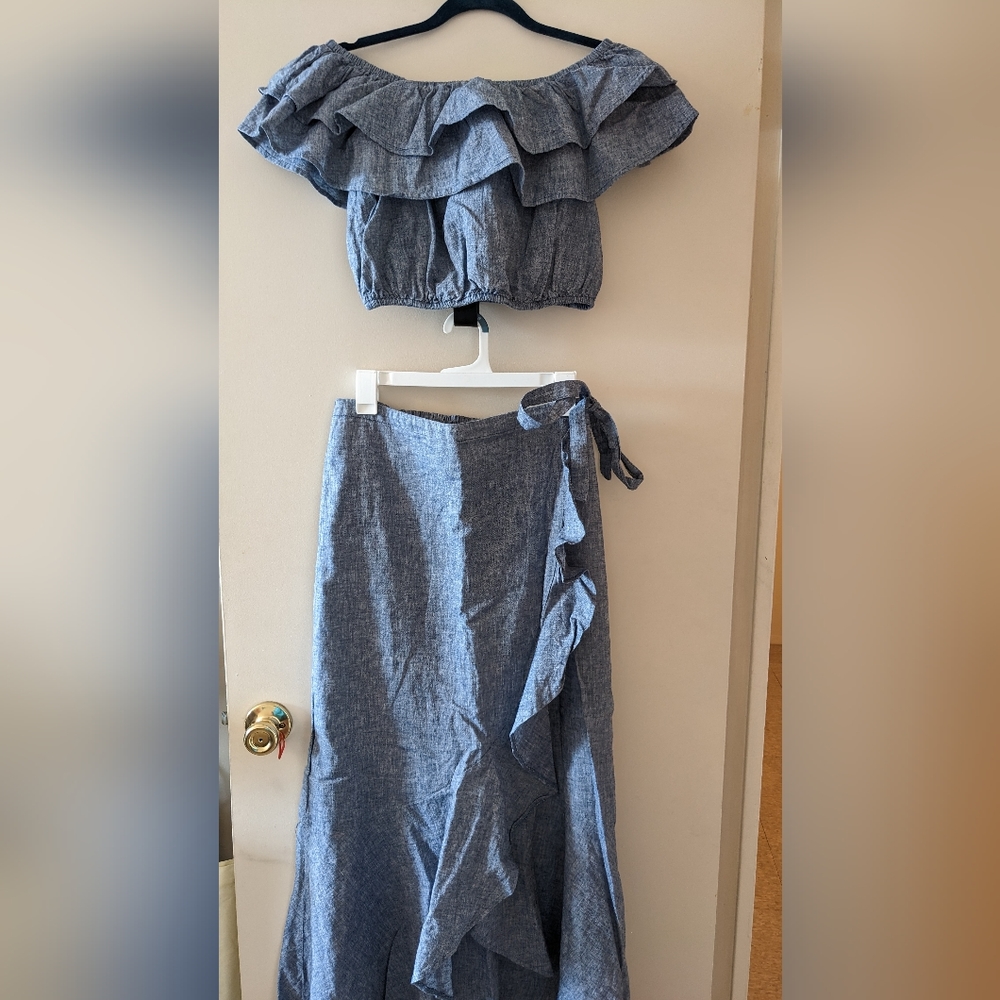 2 piece Express- Chambray ruffle off the shoulder crop top and Ruffle maxi skirt